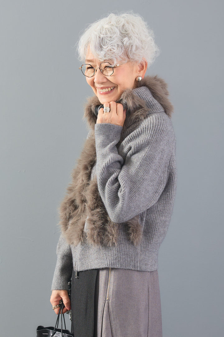 【SET】アレンジネックファーZIPニット+ブラッシュツイルバイカラーラップワイドパンツ(2set)