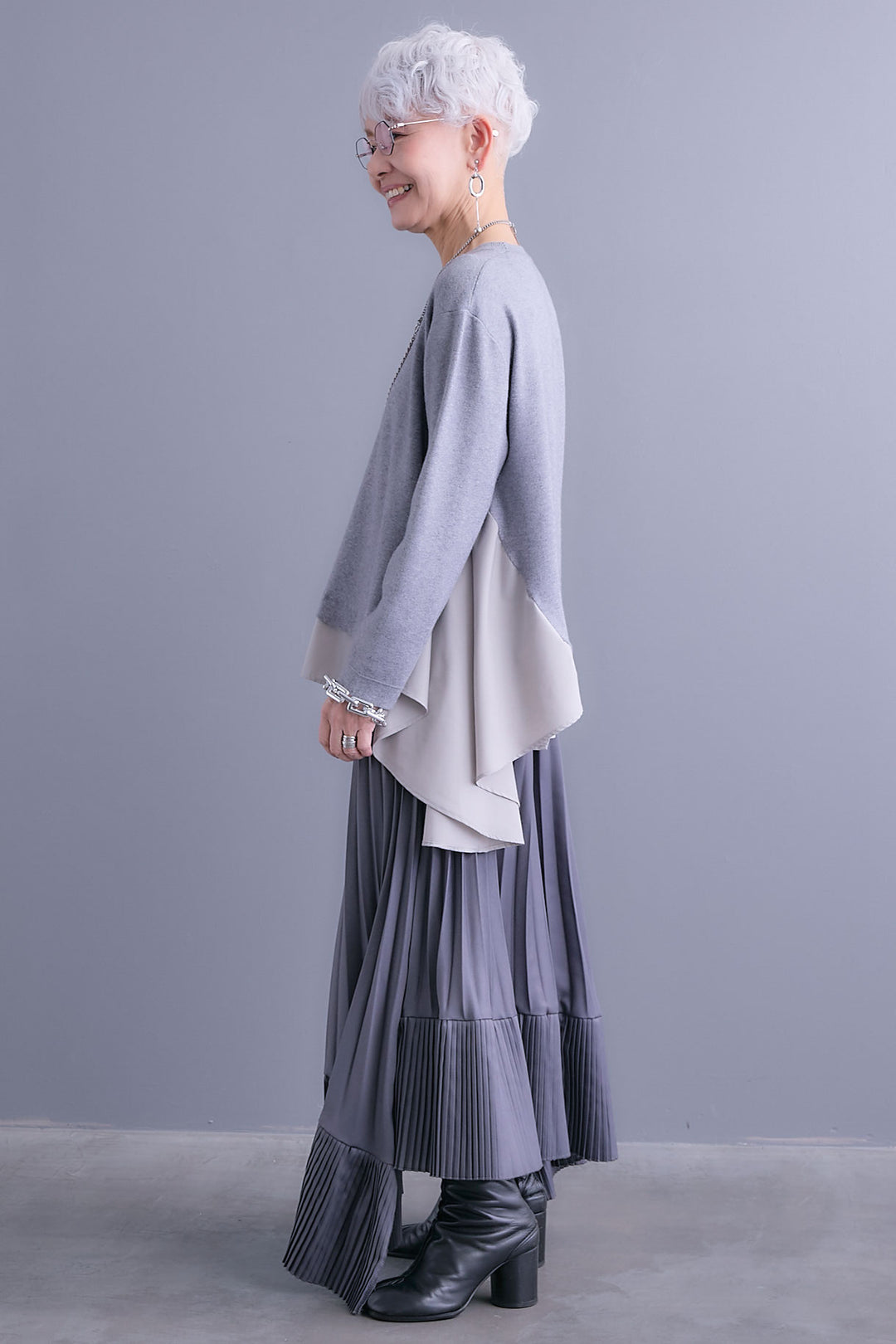 【SET】アシンメトリードレープレイヤードニット+アシンメトリープリーツスカート(2set)