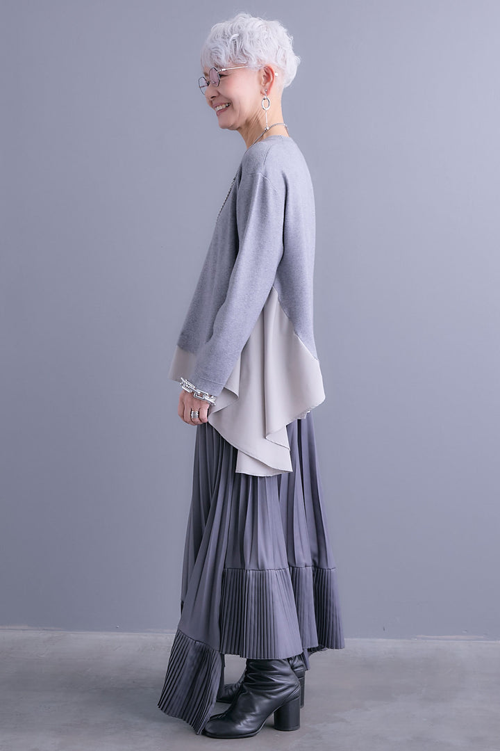 【SET】アシンメトリードレープレイヤードニット+アシンメトリープリーツスカート(2set)
