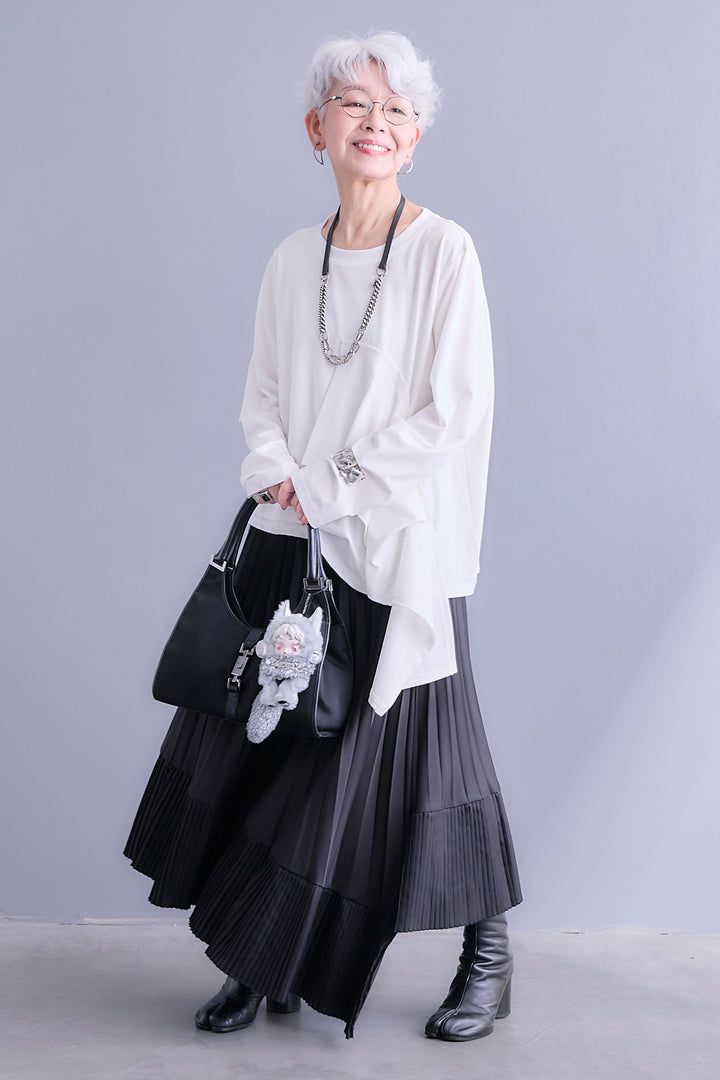 【SET】ドレープフリルアシメデザイントップス+アシンメトリープリーツスカート(2set)