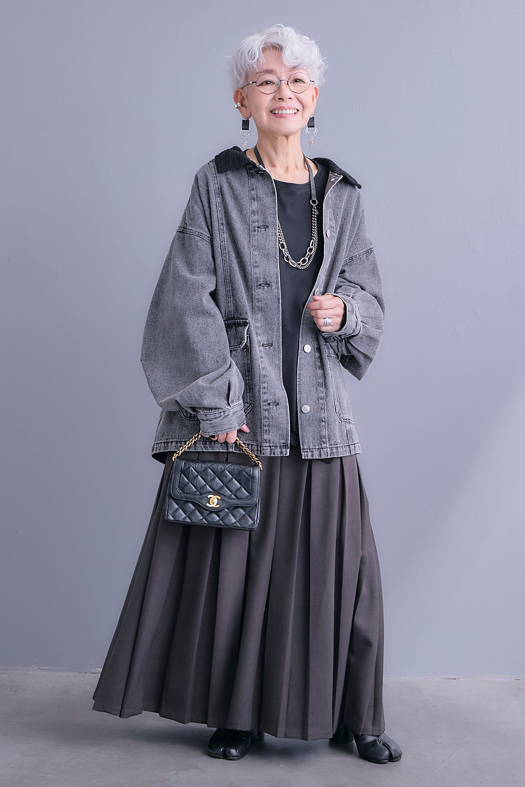 【SET】コーデュロイカラー10ozデニムジャケット+アシンメトリーロンT+ボックスプリーツロングスカート(3set)