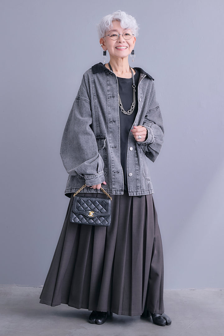 【SET】コーデュロイカラー10ozデニムジャケット+アシンメトリーロンT+ボックスプリーツロングスカート(3set)