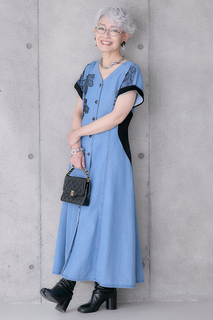 【予約】レースフラワーエンブロイダリーデニムワンピース