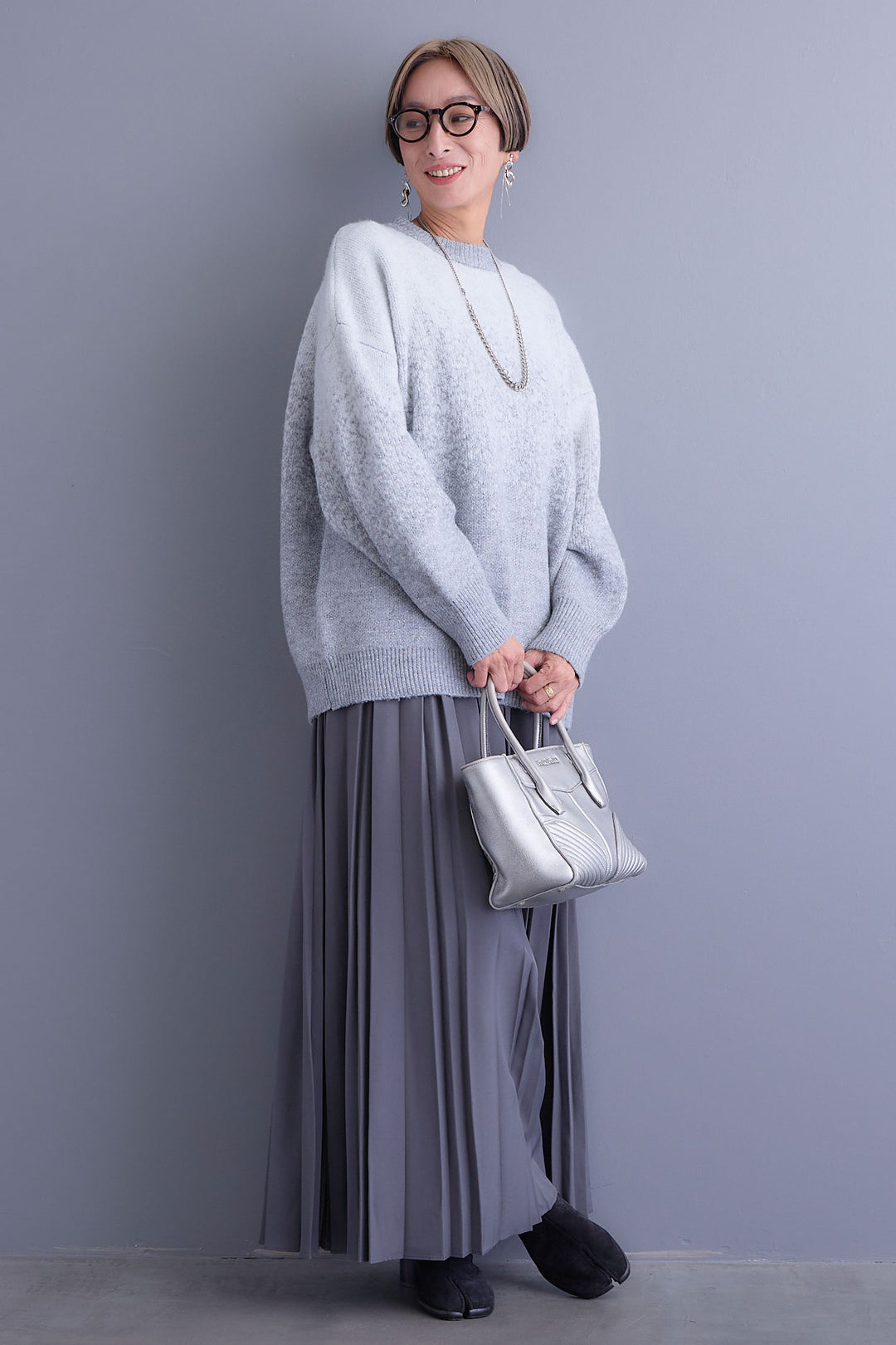 【SET】グラデーションラメクルーネックニット+ダブルプリーツロングスカート(2set)