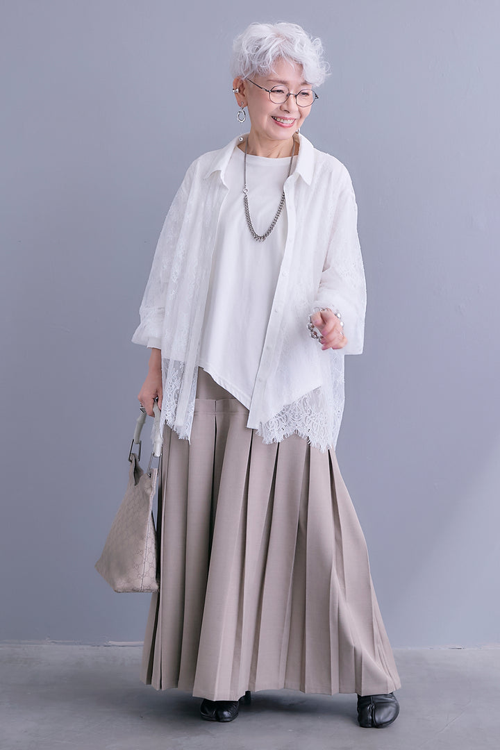 【SET】アイラッシュレースボリュームスリーブシャツ+アシンメトリーロンT+ボックスプリーツロングスカート(3set)