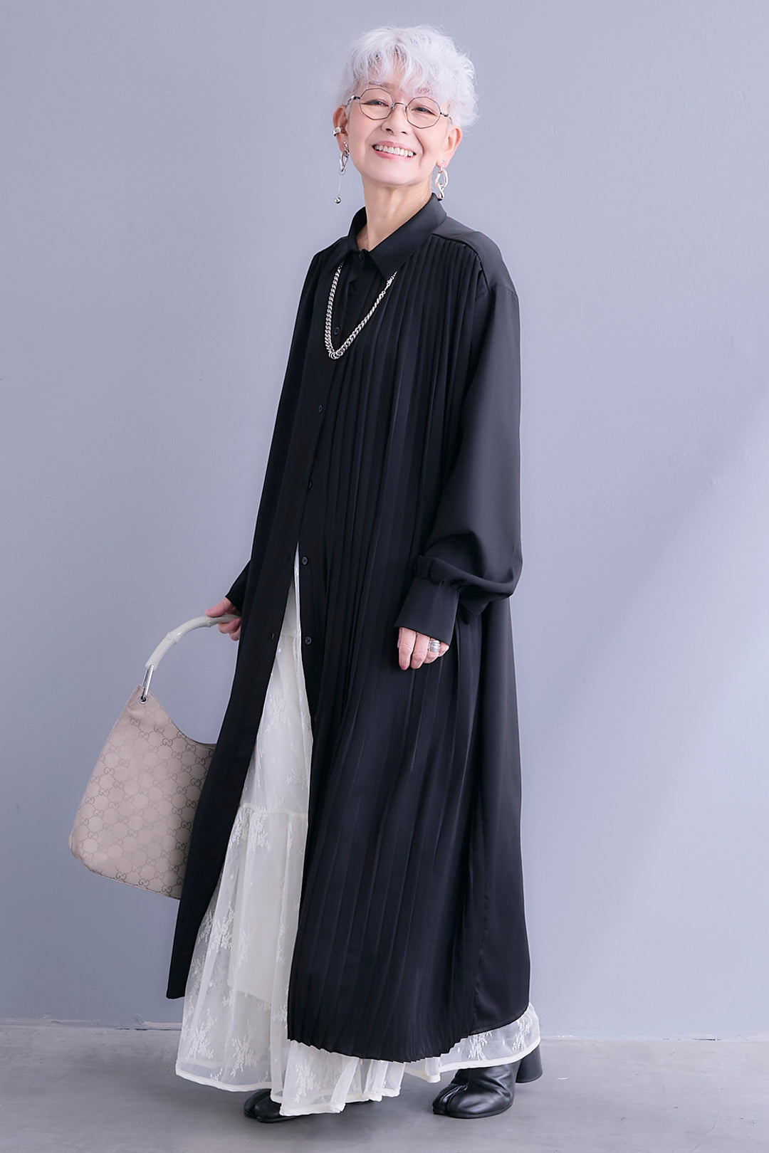 【SET】アシンメトリープリーツシャツワンピース+レースティアードスカート(2set)
