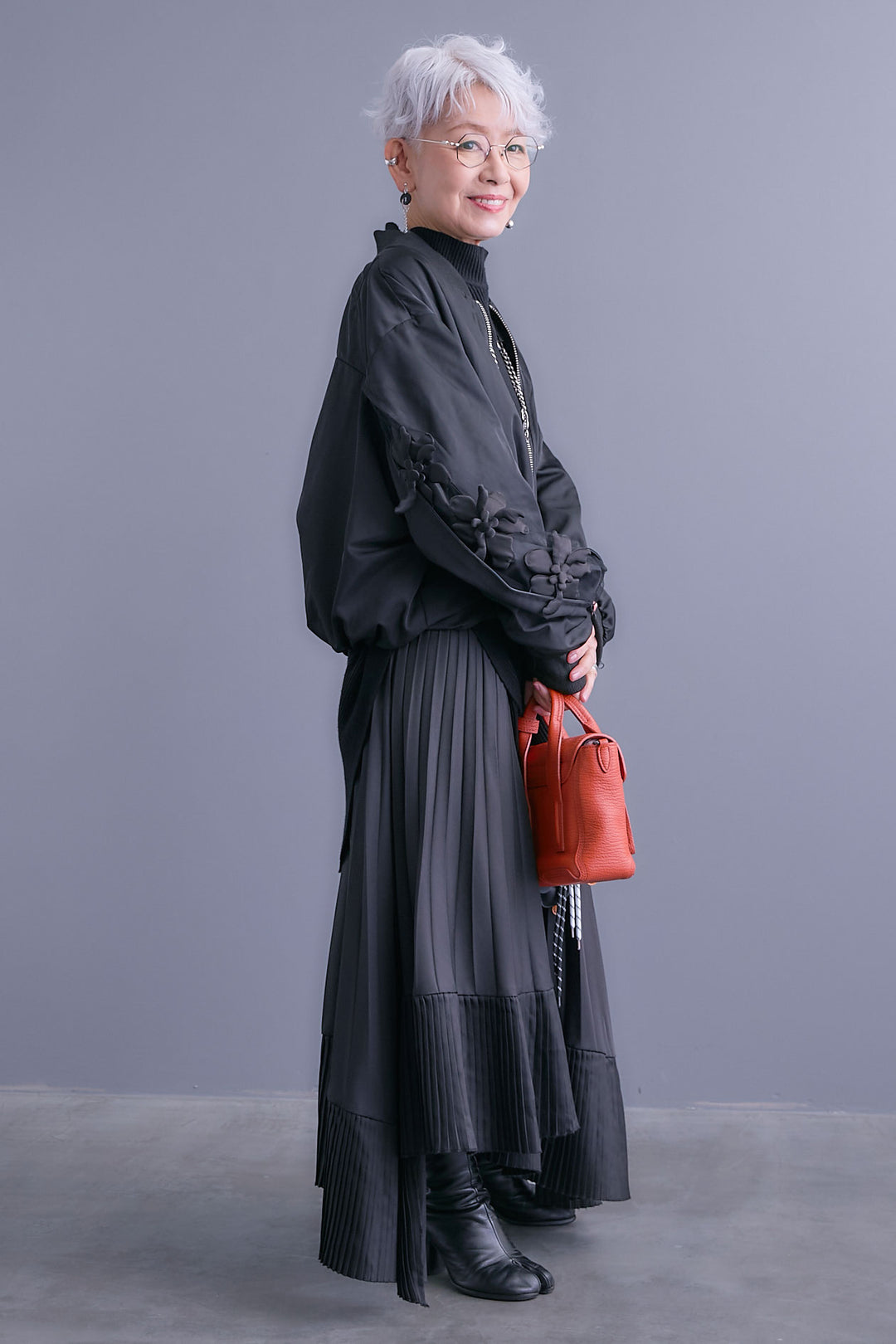 【SET】アシンメトリーオーバーニット+チュールフラワースリーブMA-1【2WAY】+アシンメトリープリーツスカート(3set)