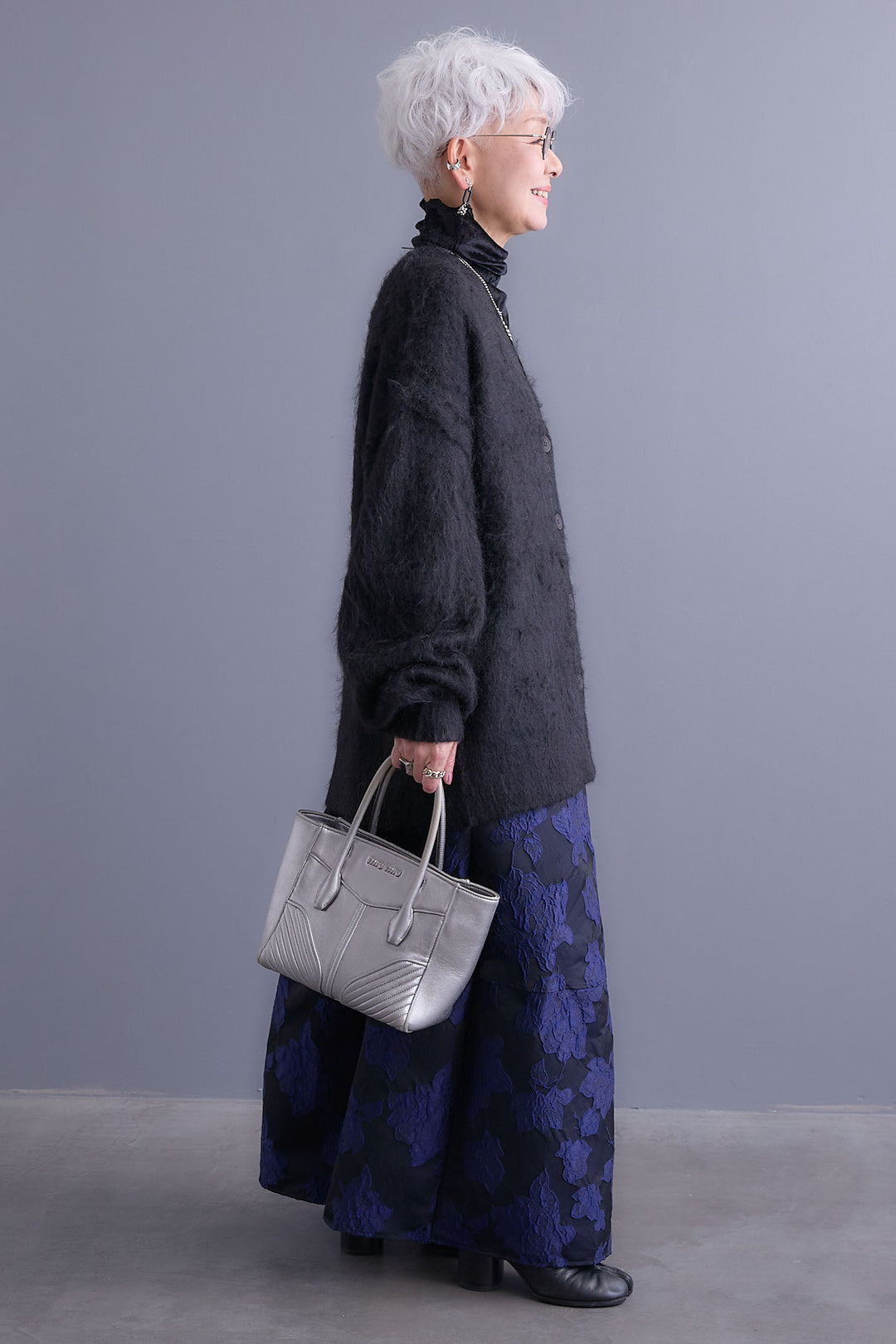 【SET】クラッシュベロアハイネックシアートップス+シャギーVネックニットカーディガン+ジャガードフラワースカート(3set)