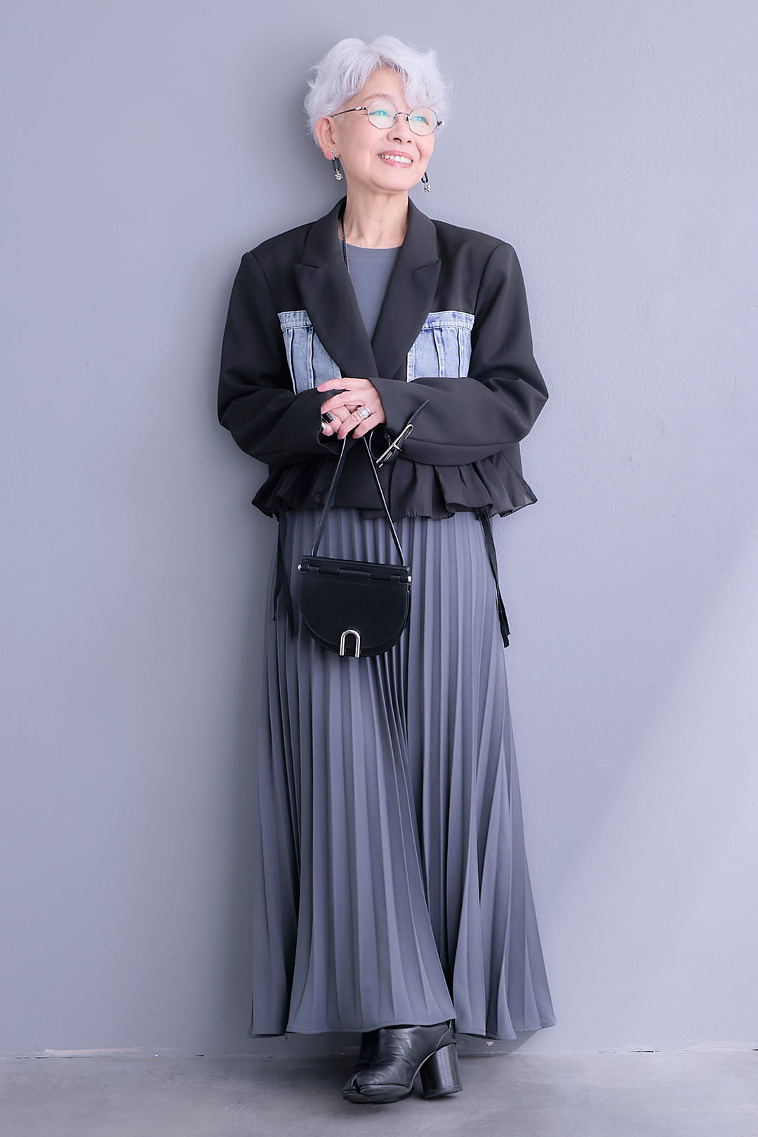 【SET】デニムドッキングショートジャケット+プリーツストレッチロングワンピース(2set)
