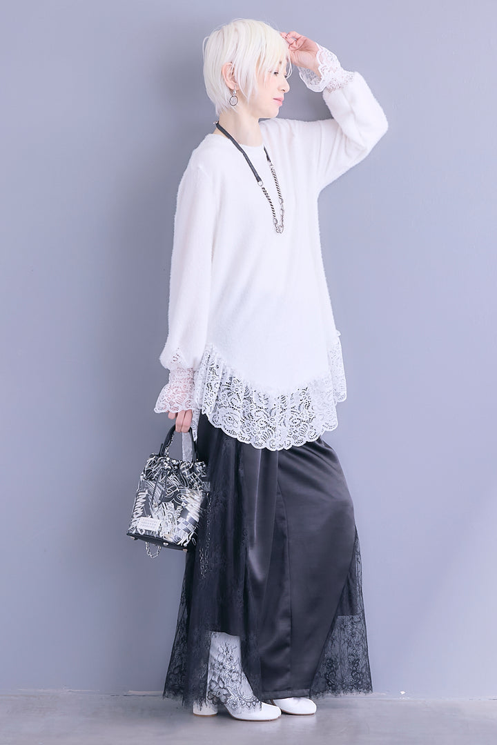 【SET】レースコンビオーバーサイズニットチュニック+ヘムレース×サテンタックパンツ(2set)