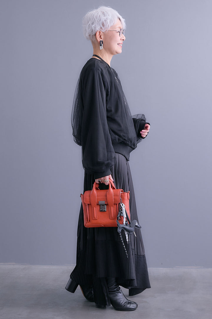 【SET】ノーカラーチュールレイヤードカーディガン+アシンメトリープリーツスカート(2set)