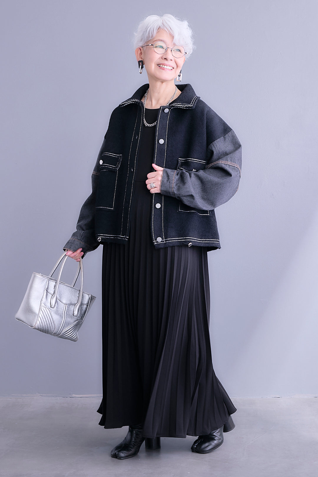 【SET】ステッチニット×デニムスリーブジャケット+プリーツストレッチロングワンピース(2set)