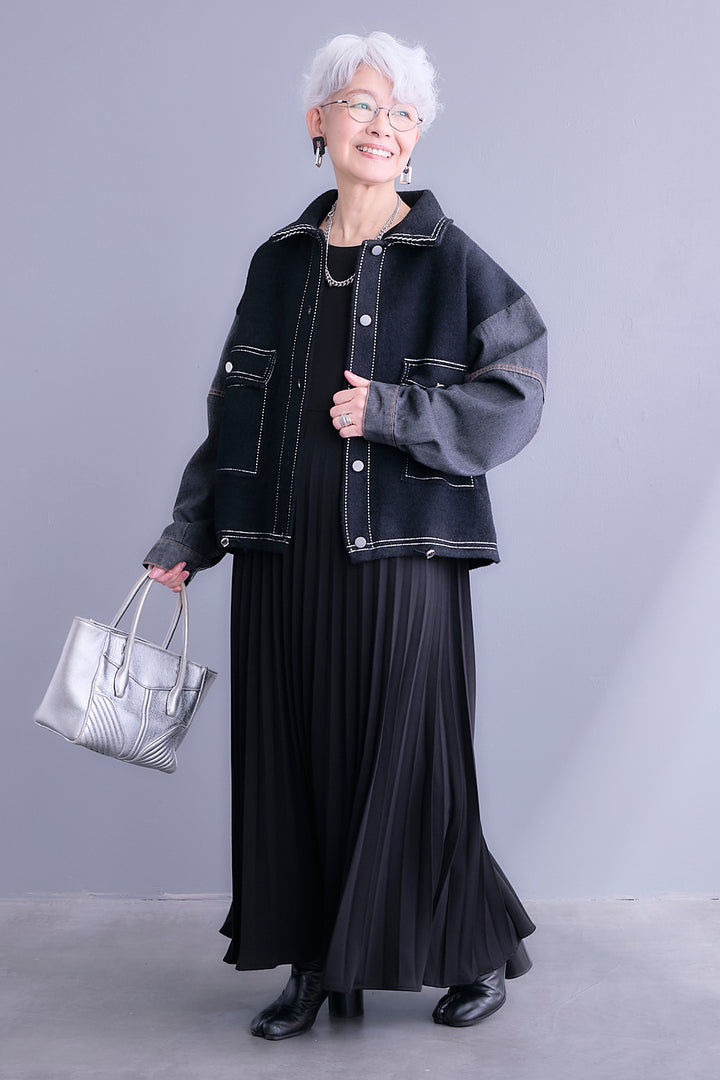 【SET】ステッチニット×デニムスリーブジャケット+プリーツストレッチロングワンピース(2set)