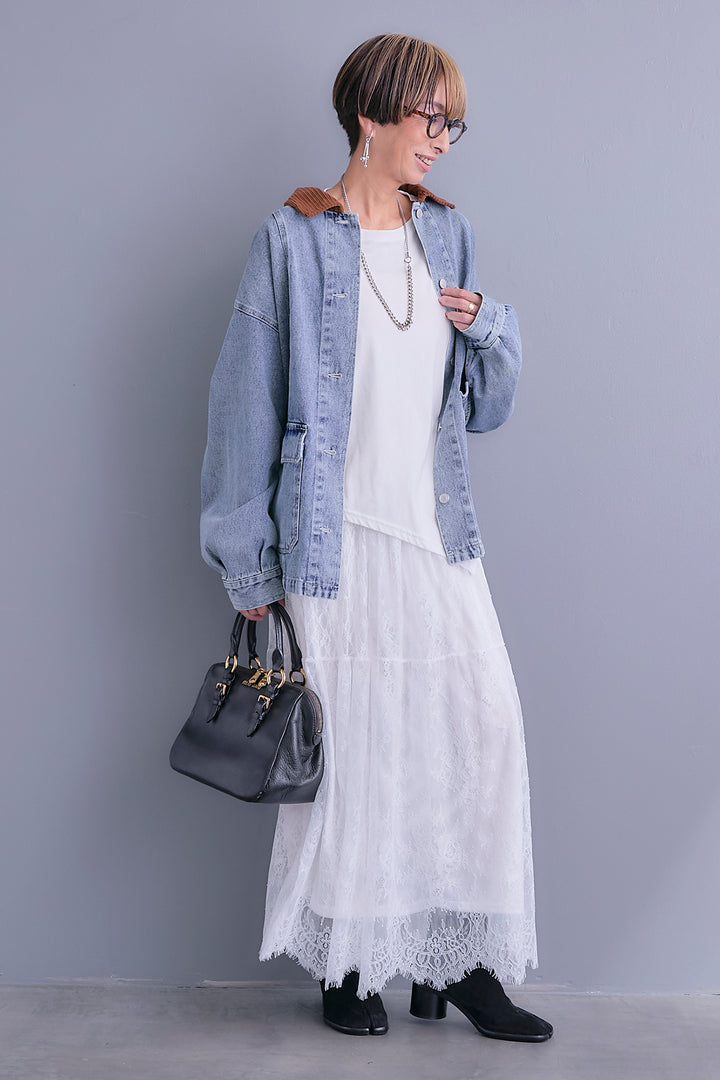 【SET】コーデュロイカラー10ozデニムジャケット+アシンメトリーロンT+アイラッシュレースロングスカート(3set)