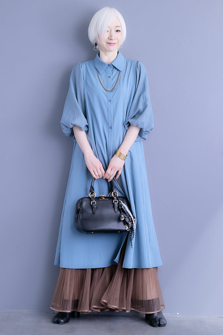 【SET】バルーンスリーブシャツワンピース+2WAYラメサテンプリーツ×シアーティアードチュールスカート(2set)