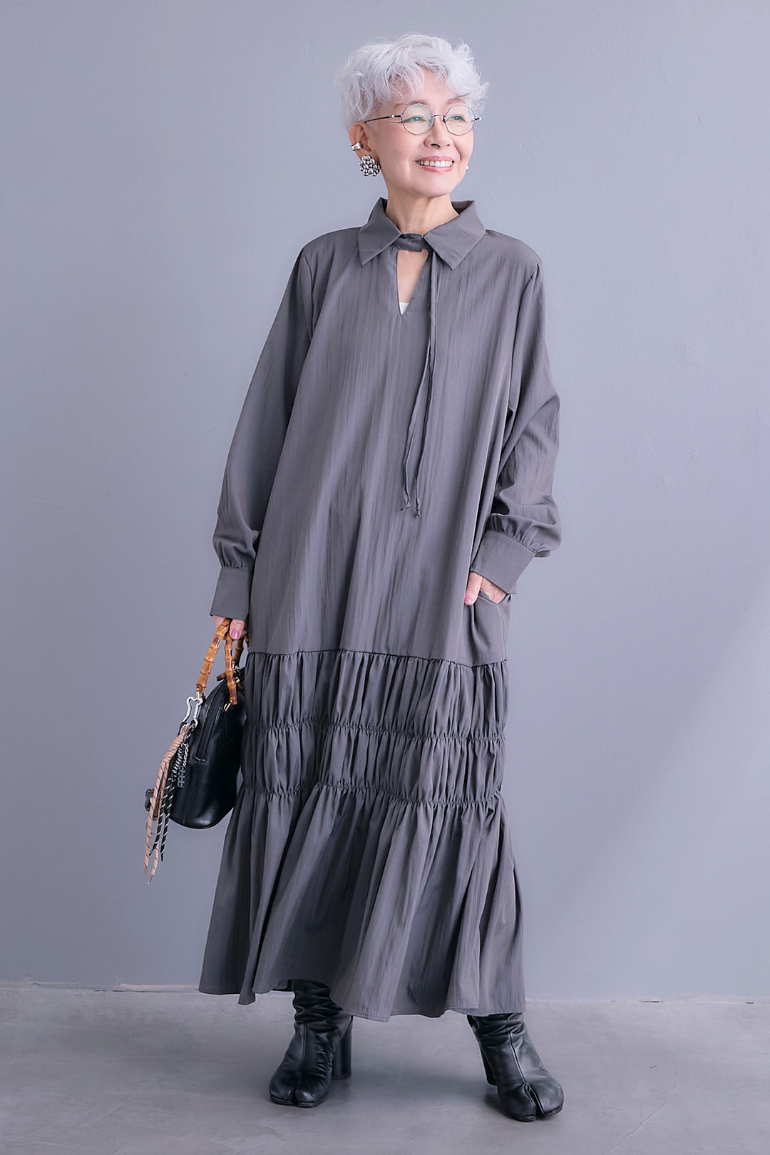 【予約】コードキーネックシャーリングデザインワンピース