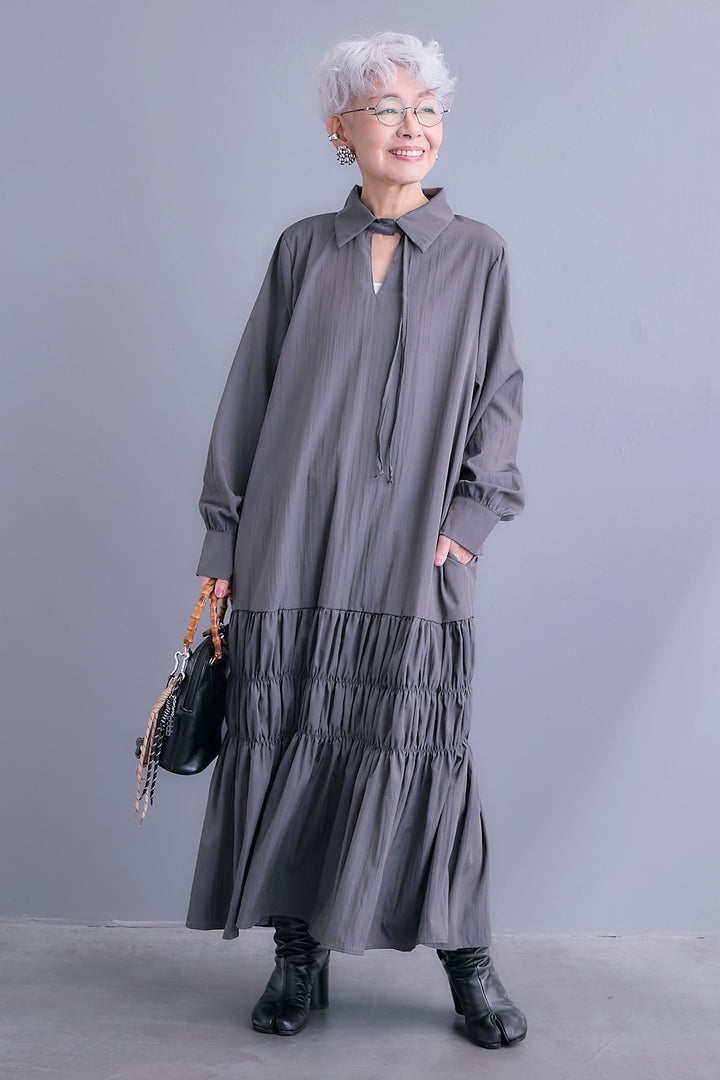 【予約】コードキーネックシャーリングデザインワンピース