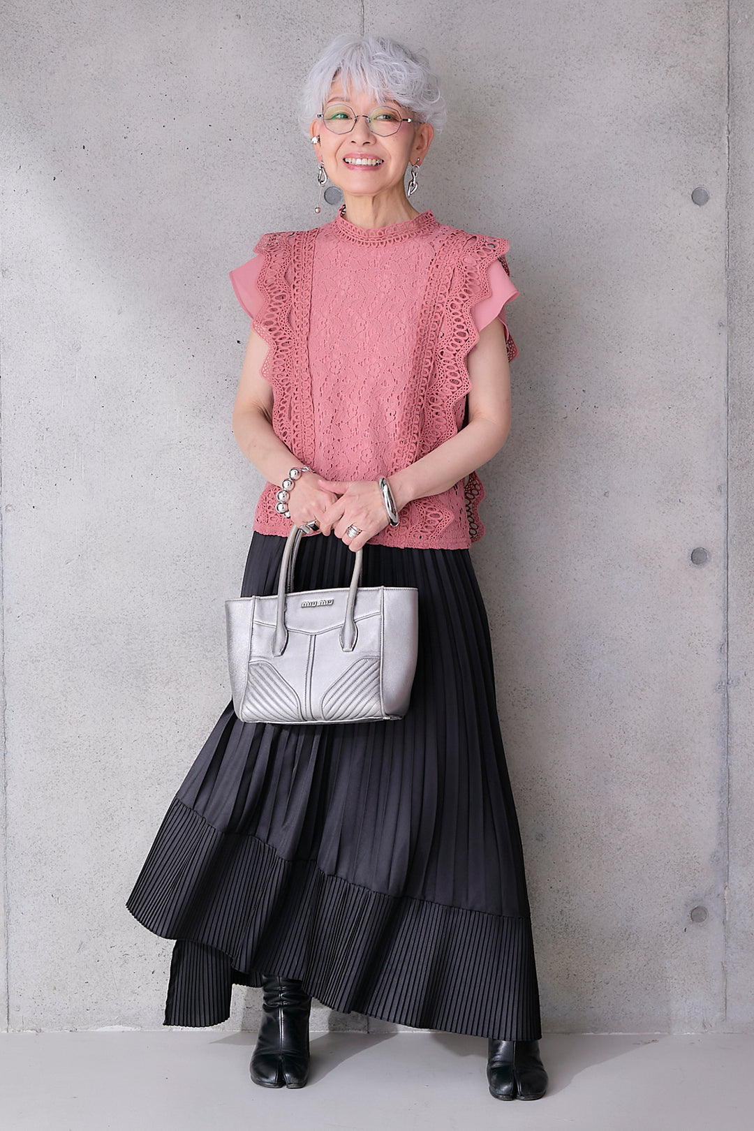 【SET】接触冷感スタンドカラーフレンチスリーブレースブラウス+アシンメトリープリーツスカート(2set)