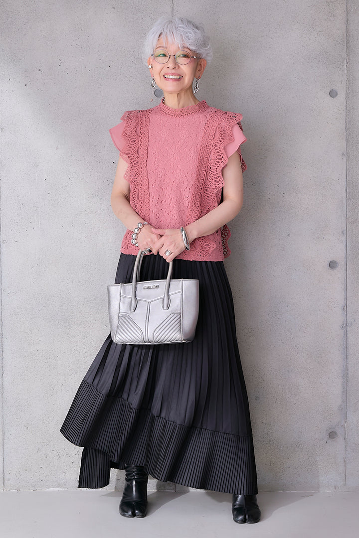 【SET】接触冷感スタンドカラーフレンチスリーブレースブラウス+アシンメトリープリーツスカート(2set)