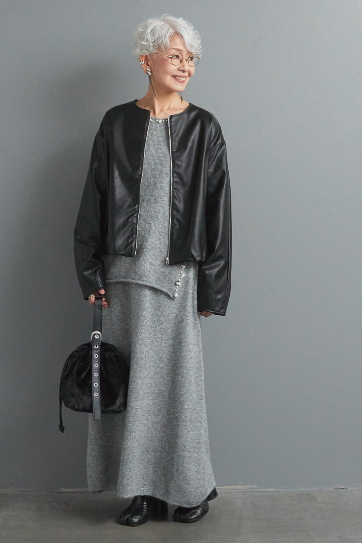 【SET】ビジューニットセットアップ+ラウンドシルエットエコレザーノーカラージャケット(2set)