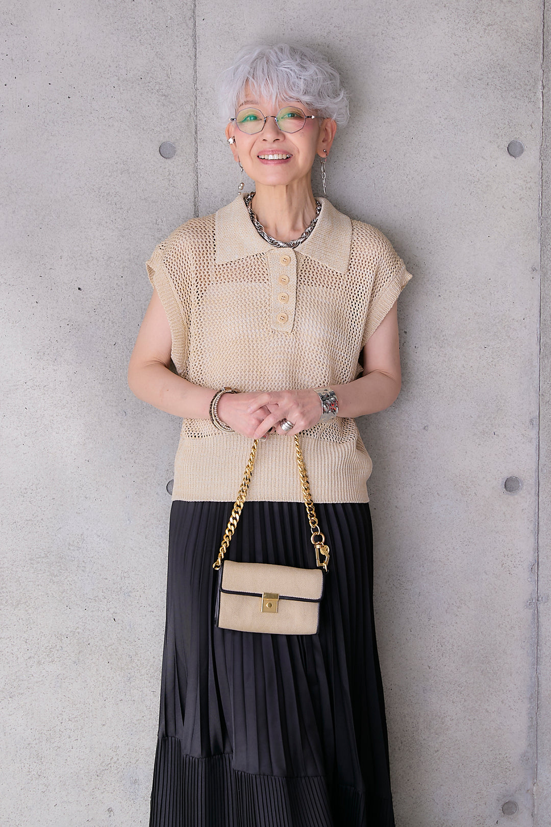 【SET】リネンライクメッシュニット+アシンメトリープリーツスカート(2set)