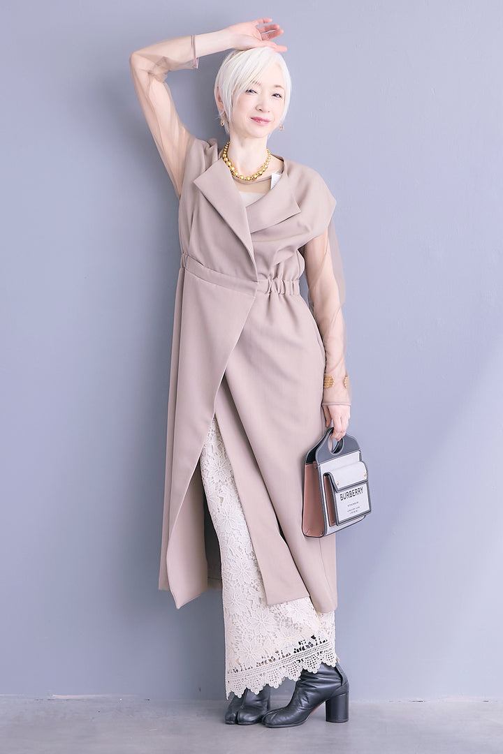 【SET】ジレワンピース×チュールトップスSET+ケミカルレースパンツ(2set)