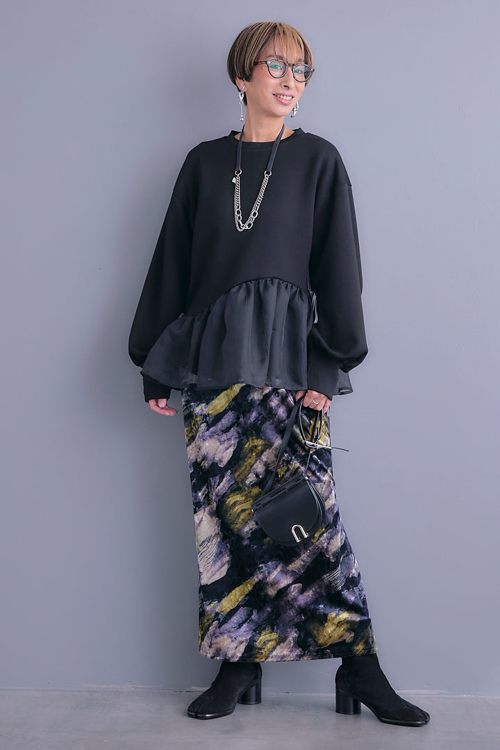 【SET】アシメペプラムオーガンジートップス+ベロアニュアンスアートスカート(2set)