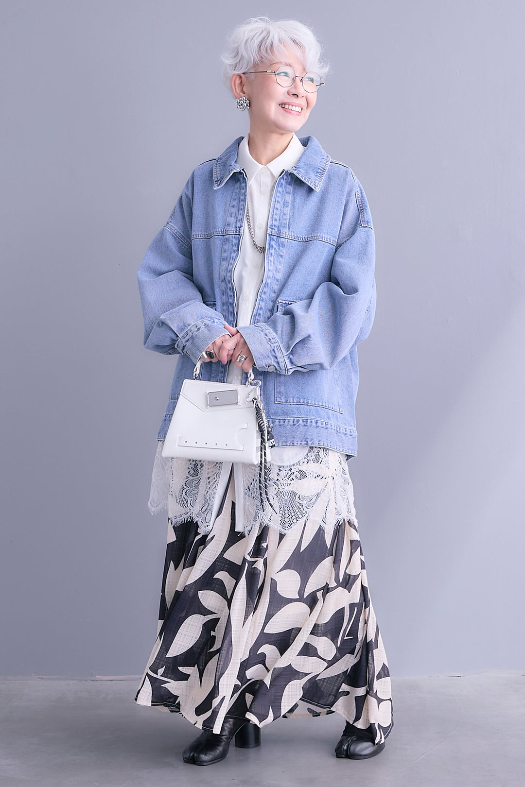 【SET】ジップアップデニムブルゾン+ヘムレースロングシャツ+リーフアートフレアスカート(3set)