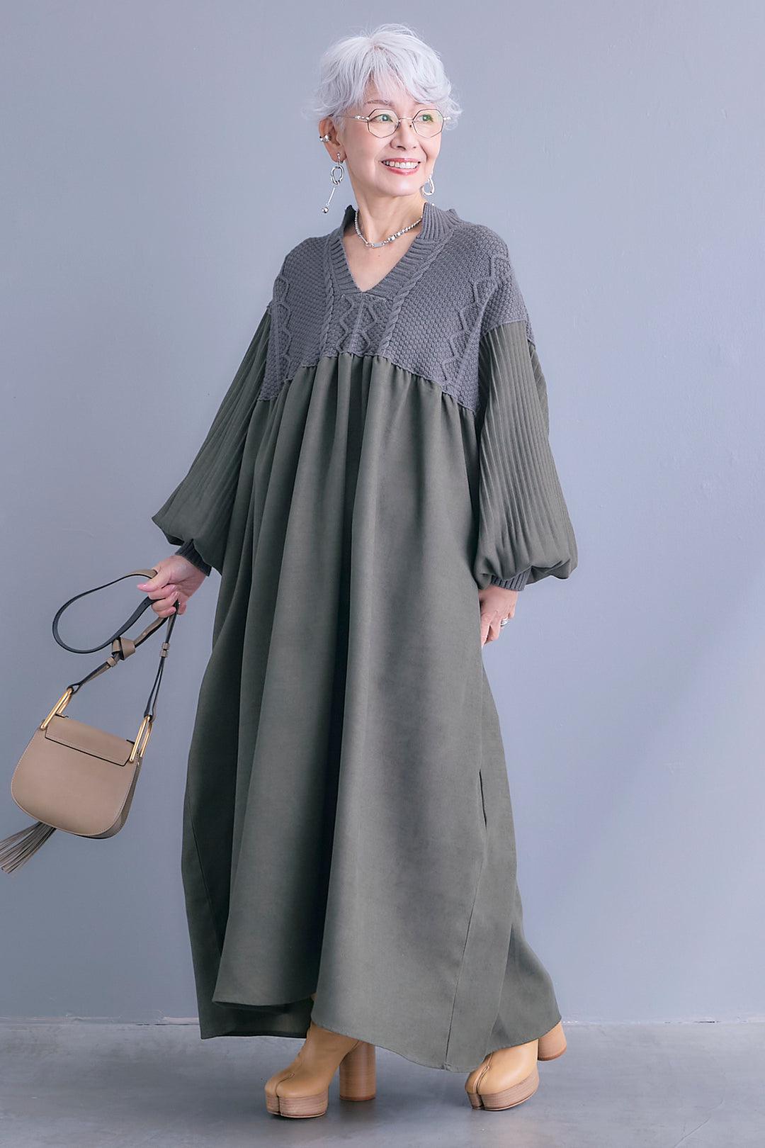 【予約】コーデュロイ×ニットコンビキーネックワンピース