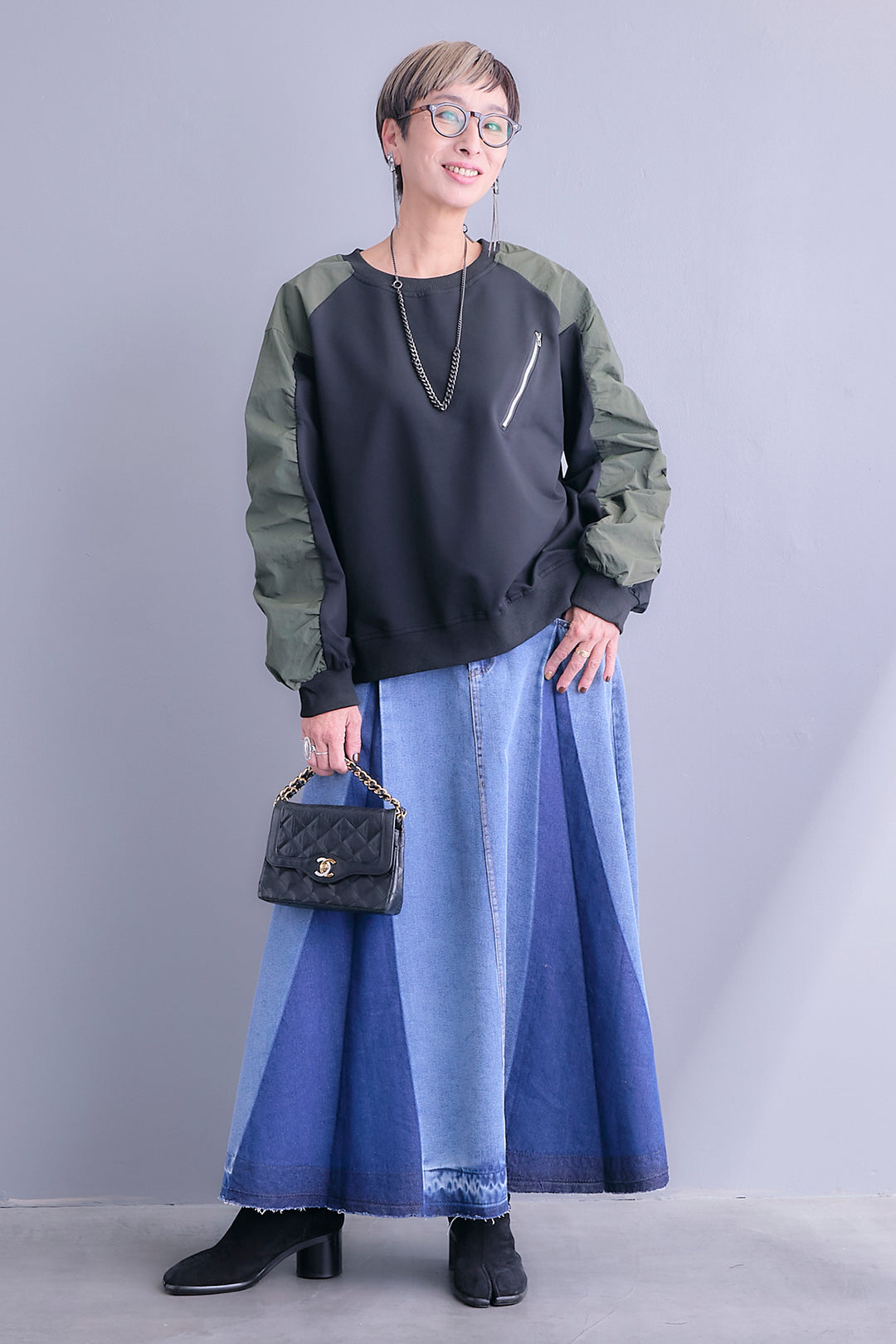 【SET】フロントZIPシャーリングスリーブトップス+プリーツタックデニムスカート(2set)