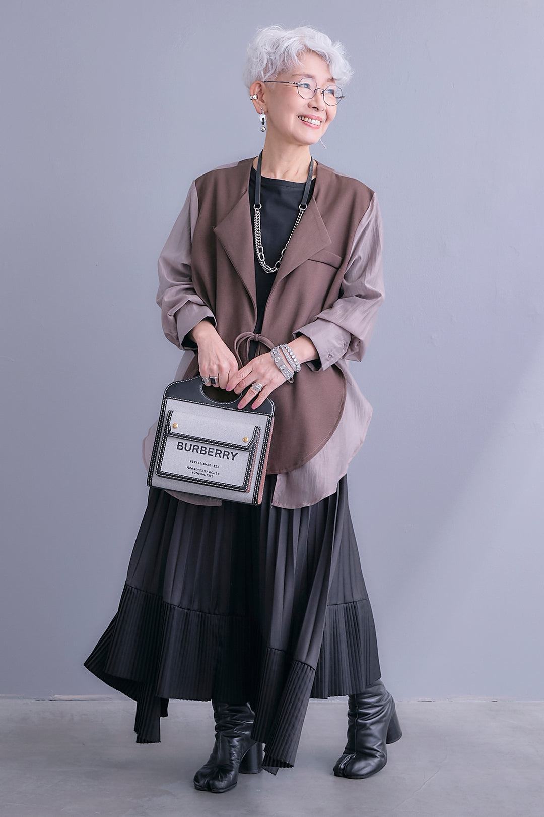 【SET】シアーシャツドッキングジャケット+アシンメトリーロンT+アシンメトリープリーツスカート(3set)