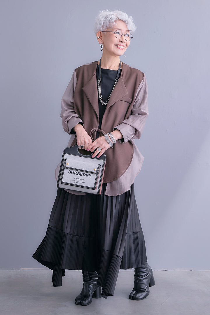 【SET】シアーシャツドッキングジャケット+アシンメトリーロンT+アシンメトリープリーツスカート(3set)