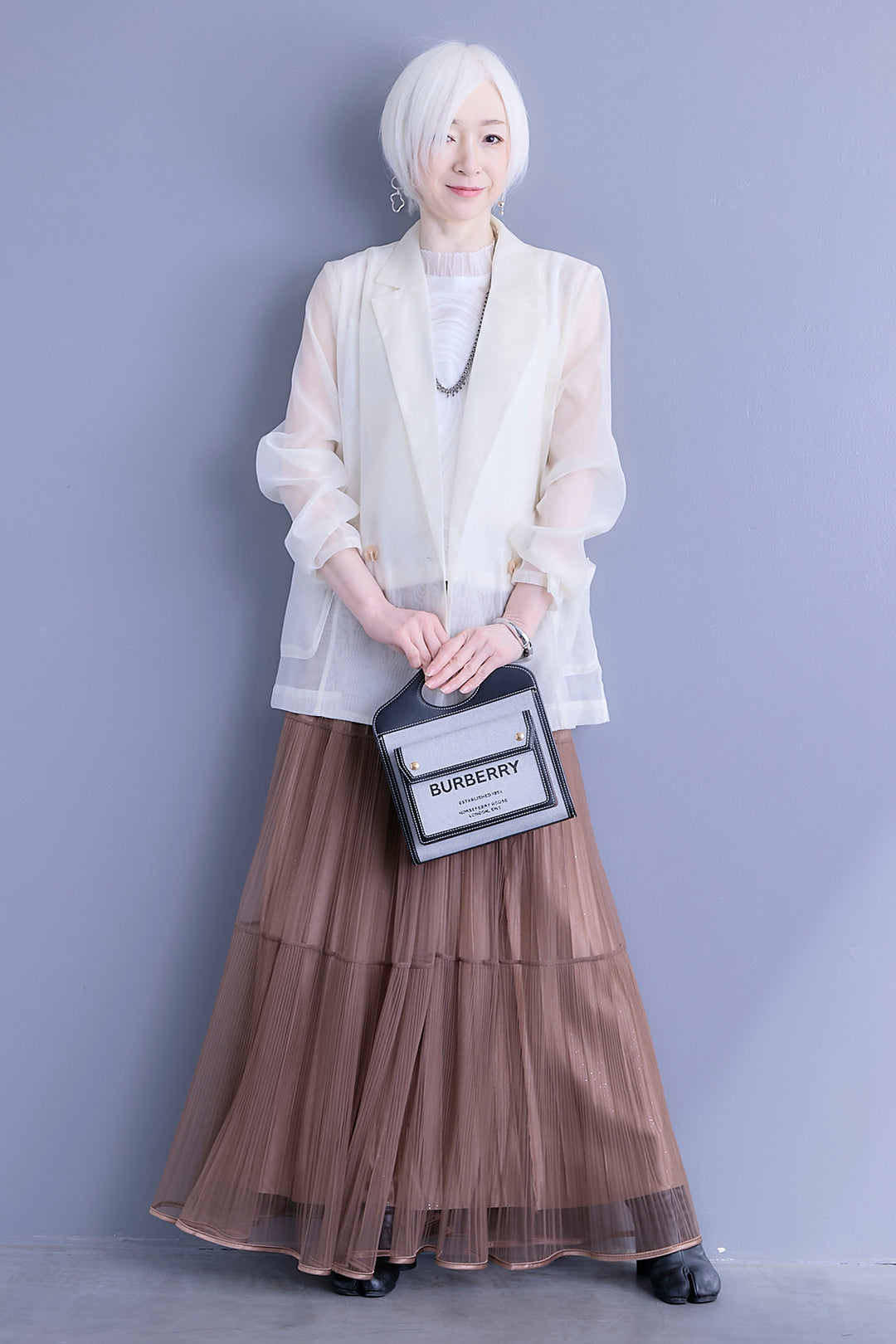 【SET】シアーポプリンダブルテーラードジャケット+ウェーブモチーフスタンドネックブラウス+2WAYラメサテンプリーツ×シアーティアードチュールスカート(3set)