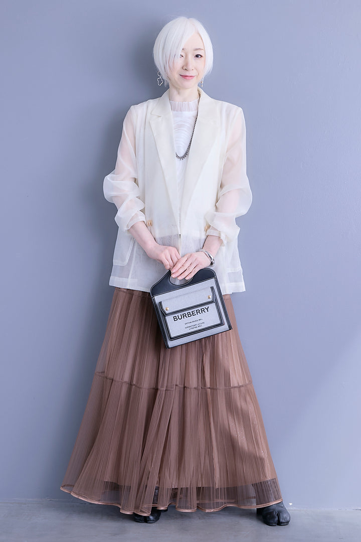 【SET】シアーポプリンダブルテーラードジャケット+ウェーブモチーフスタンドネックブラウス+2WAYラメサテンプリーツ×シアーティアードチュールスカート(3set)