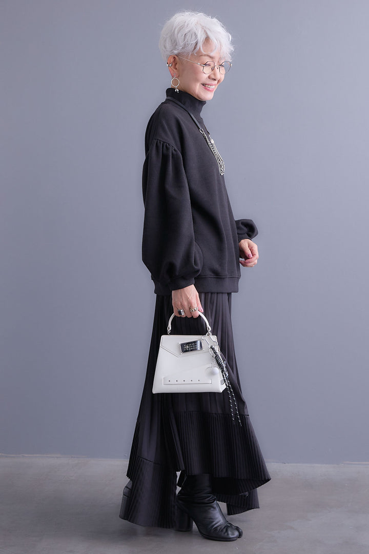 【SET】ボリュームスリーブモックネックプルオーバー+アシンメトリープリーツスカート(2set)