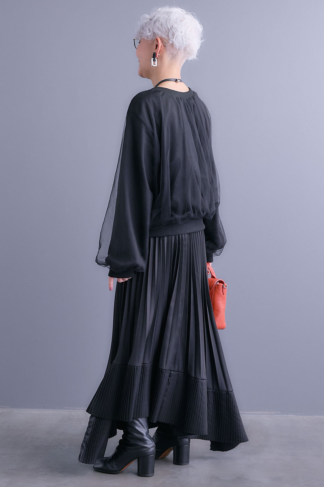 【SET】ノーカラーチュールレイヤードカーディガン+アシンメトリープリーツスカート(2set)