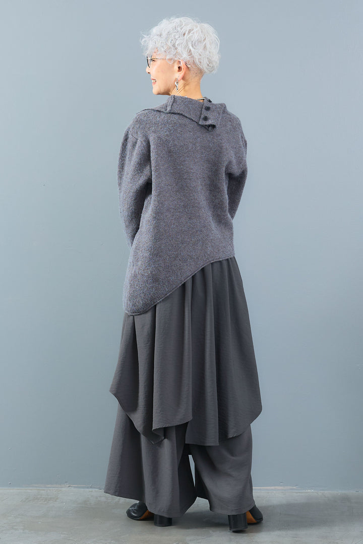 【SET】アシメハイネックボタンニット+アシメレイヤードワイドパンツ(2set)