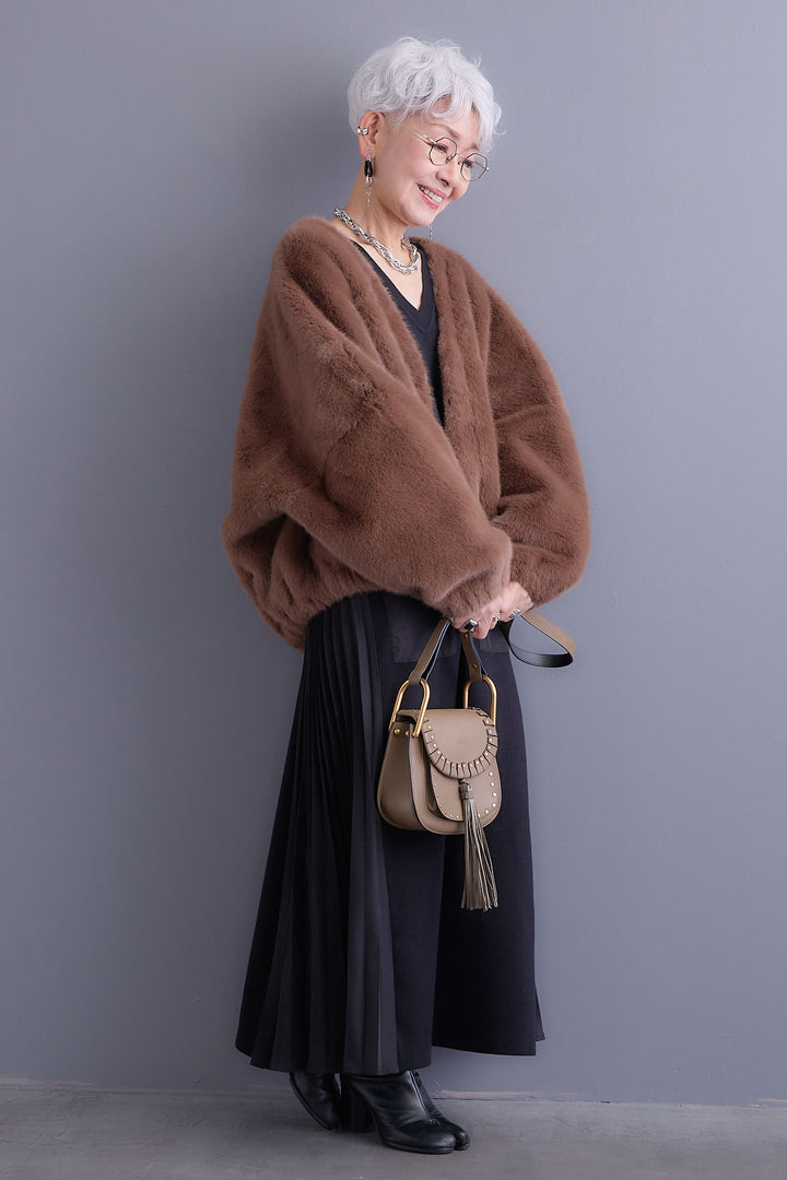 【SET】ZIPポケットサイドプリーツニットワンピース+ノーカラーラウンドシルエットファーコート(2set)