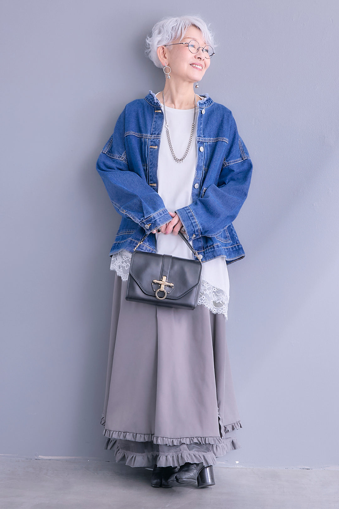 【SET】ノーカラーオーバーサイズデニムジャケット+ヘムレースアシメロンT+ヘムチュールレイヤードフリルスカート(3set)