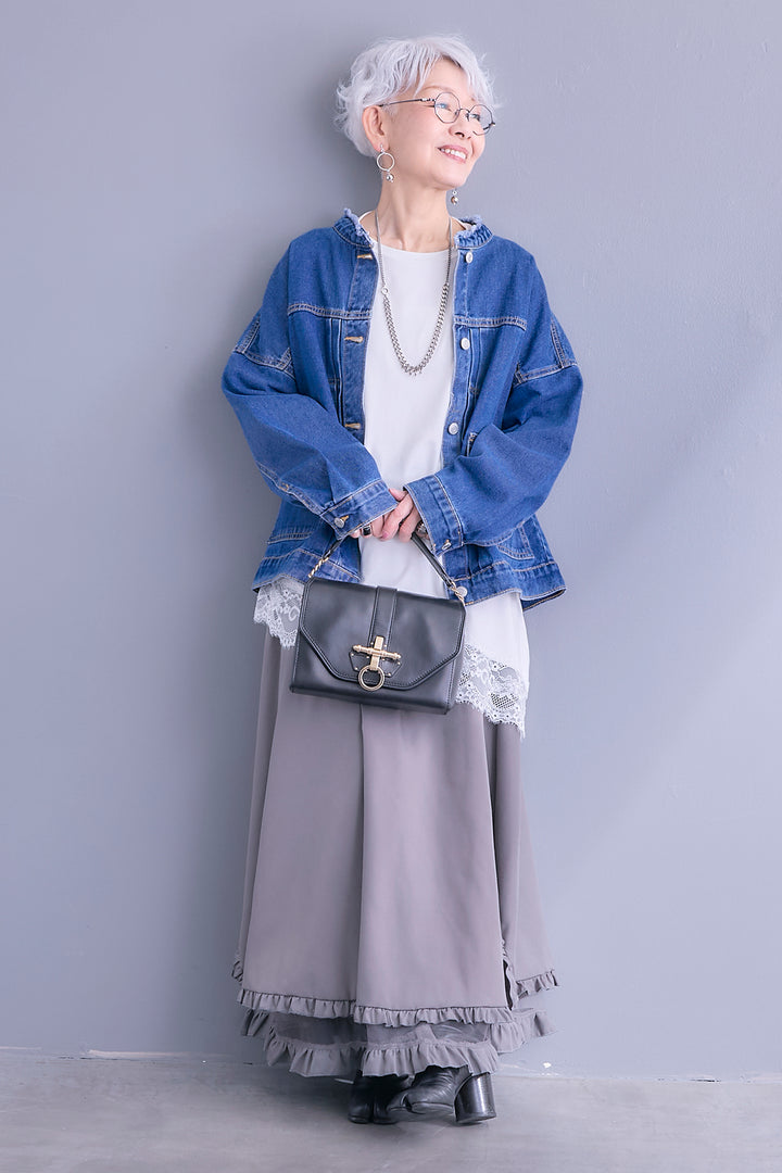【SET】ノーカラーオーバーサイズデニムジャケット+ヘムレースアシメロンT+ヘムチュールレイヤードフリルスカート(3set)
