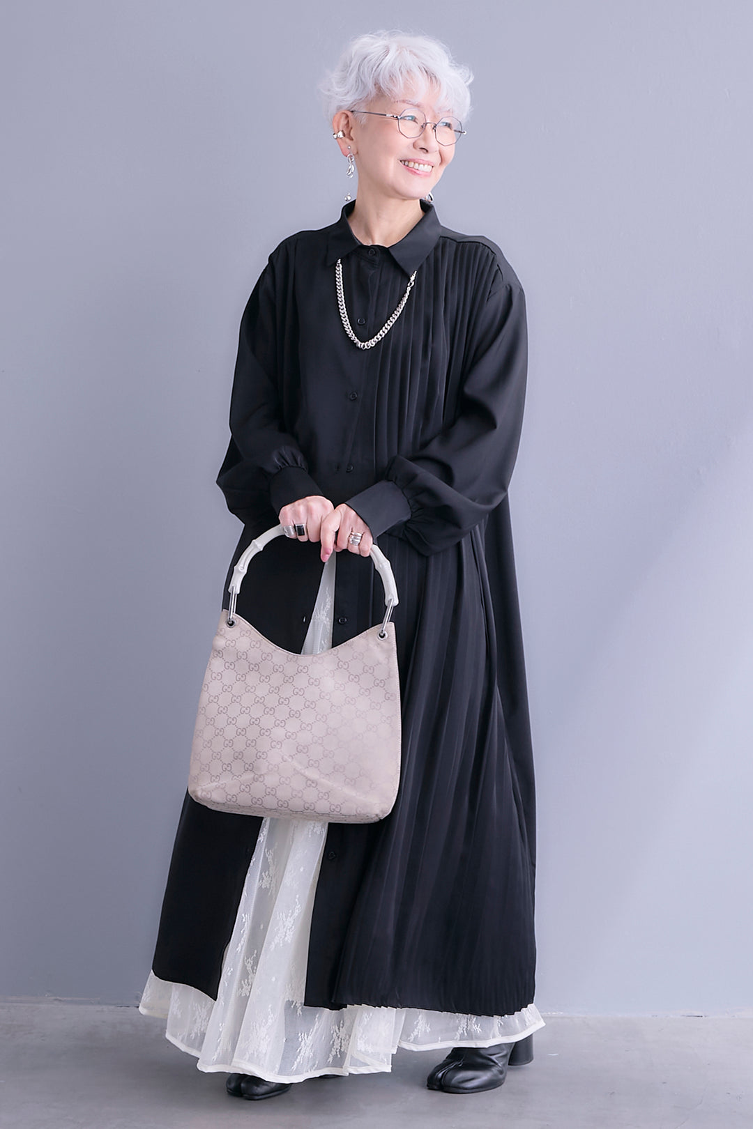 【SET】アシンメトリープリーツシャツワンピース+レースティアードスカート(2set)
