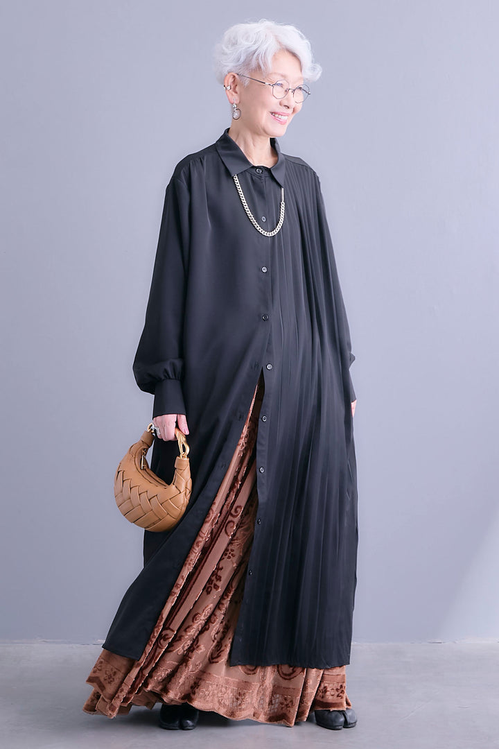 【SET】アシンメトリープリーツシャツワンピース+フロッキージャガードチュールロングスカート(2set)