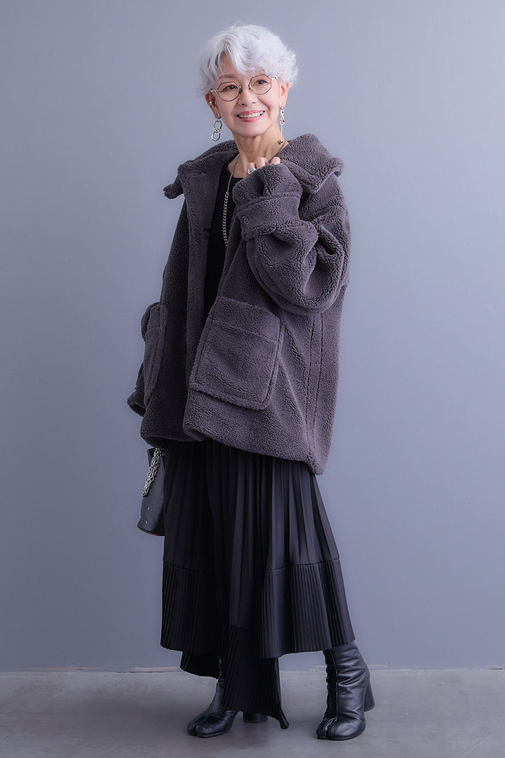 【SET】テディボアフラットカラーコート+アシンメトリープリーツスカート(2set)