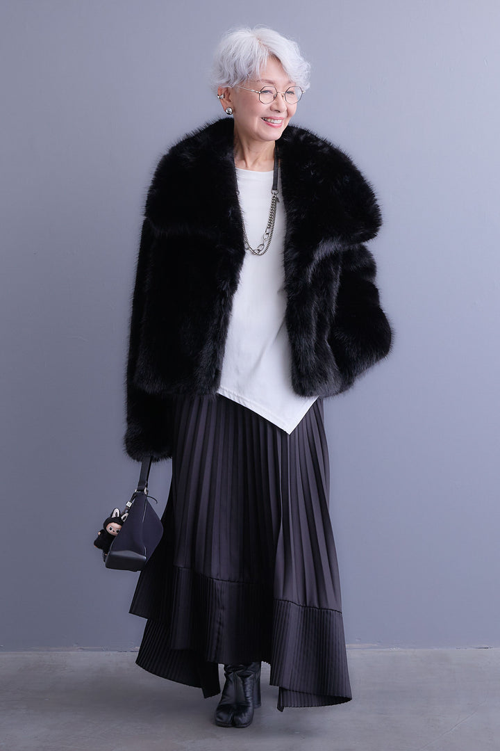 【SET】アシンメトリーロンT+オーバーカラーファーコート+アシンメトリープリーツスカート(3set)