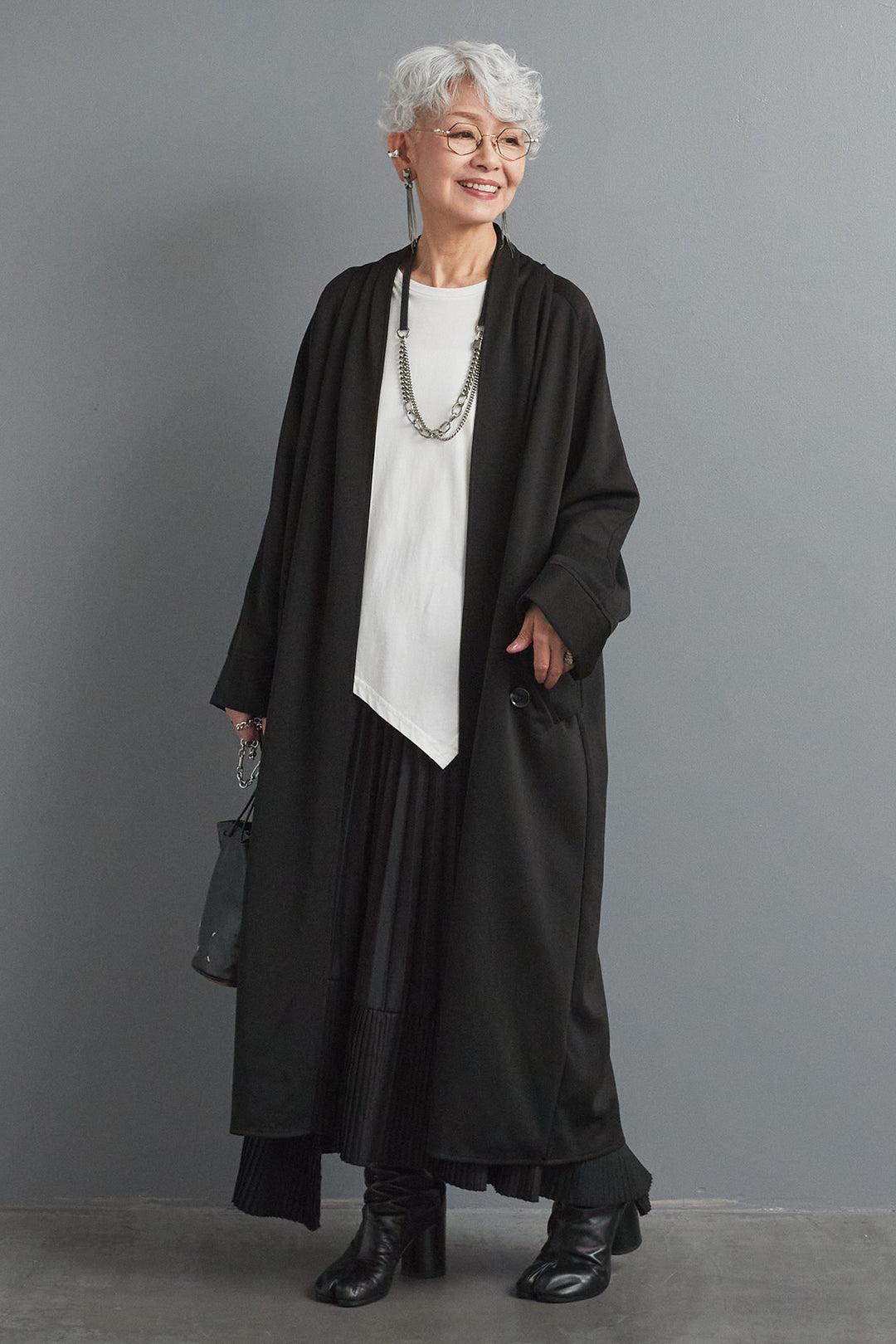 【SET】アシンメトリーロンT+ノーカラーコートライクカーディガン+アシンメトリープリーツスカート(3set)