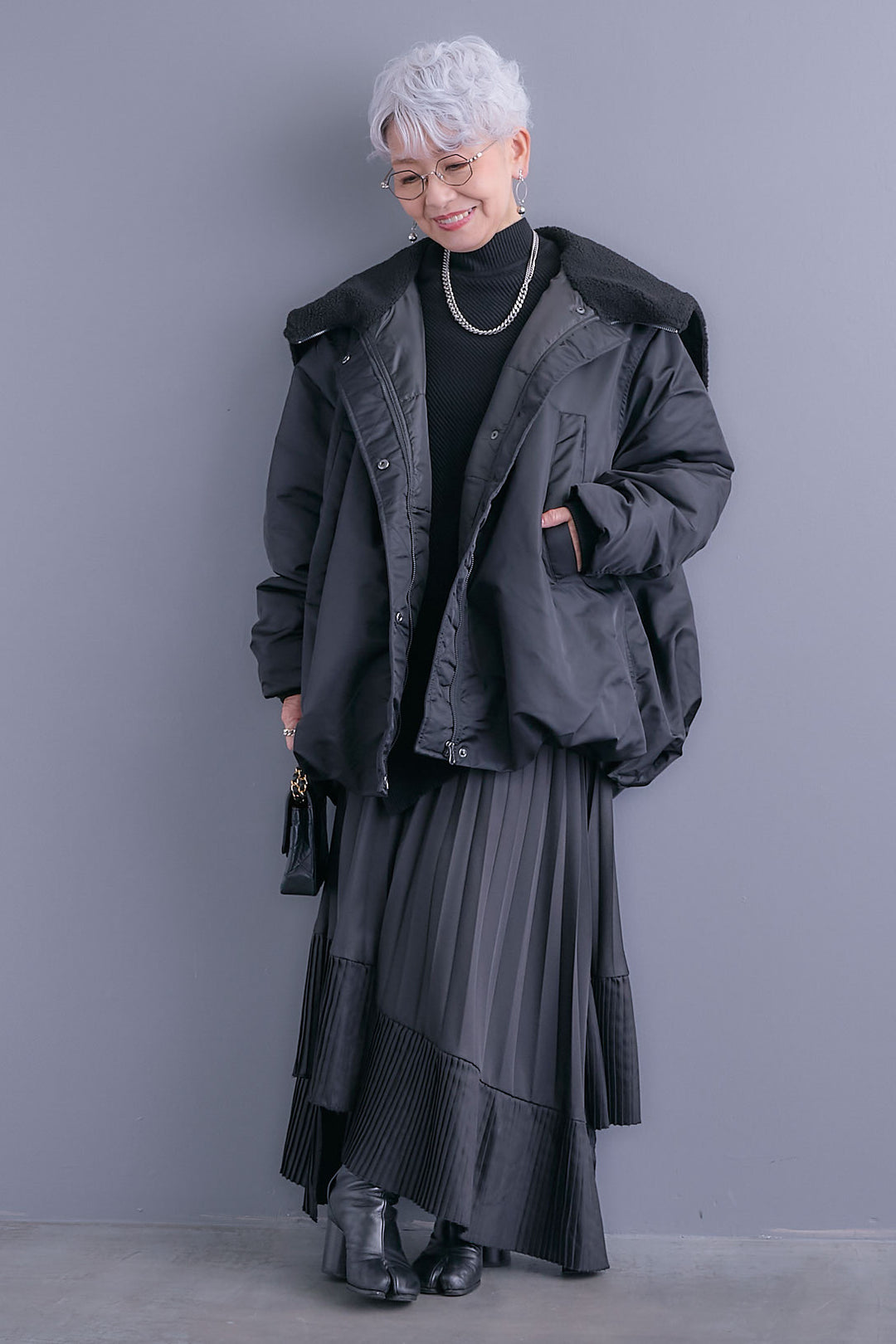 【SET】アシンメトリーオーバーニット+2WAYオーバーカラーN-3Bジャケット+アシンメトリープリーツスカート(3set)