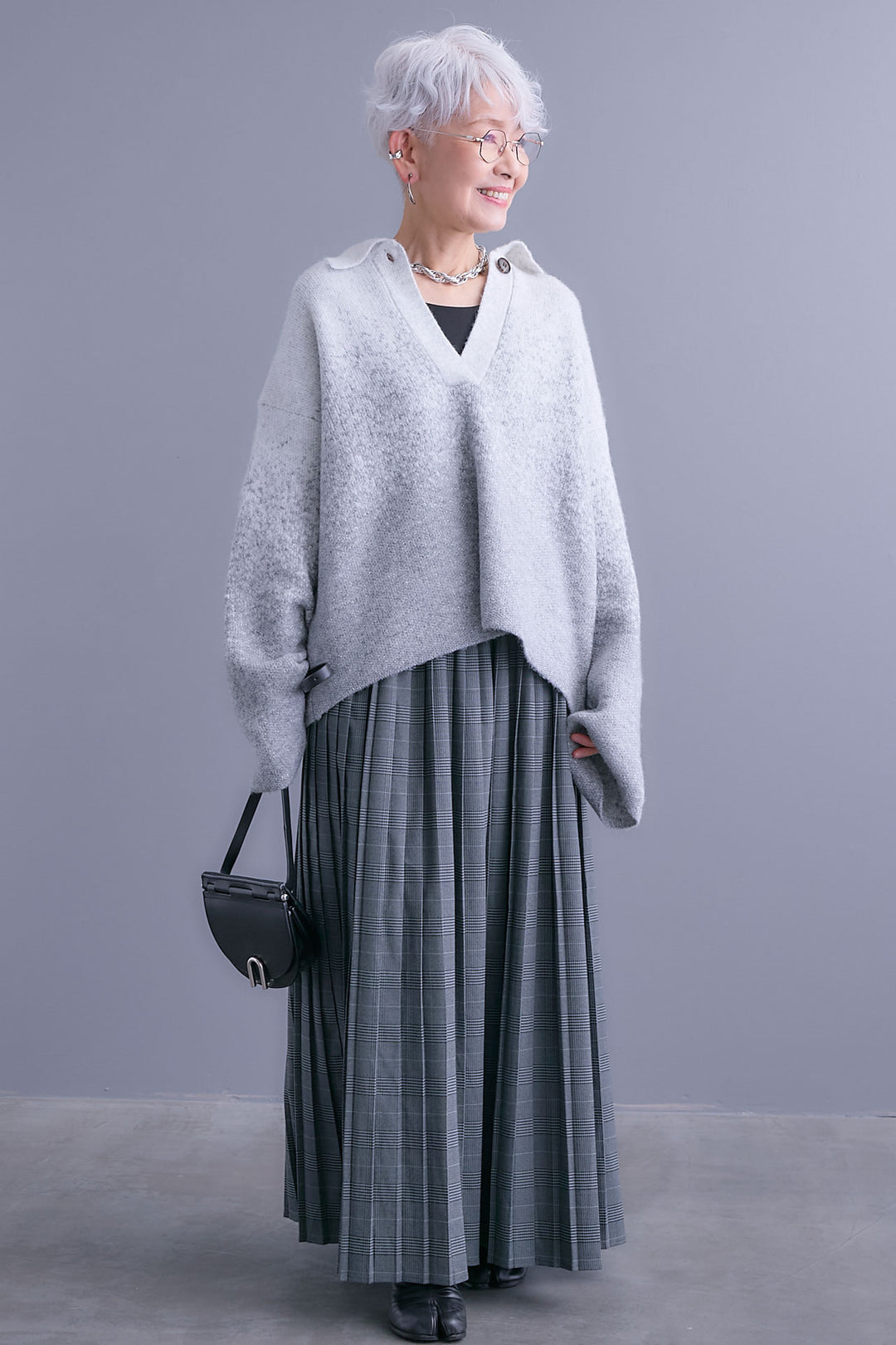 【SET】グラデーションラメキーネックニット+グレンチェックプリーツスカート(2set)