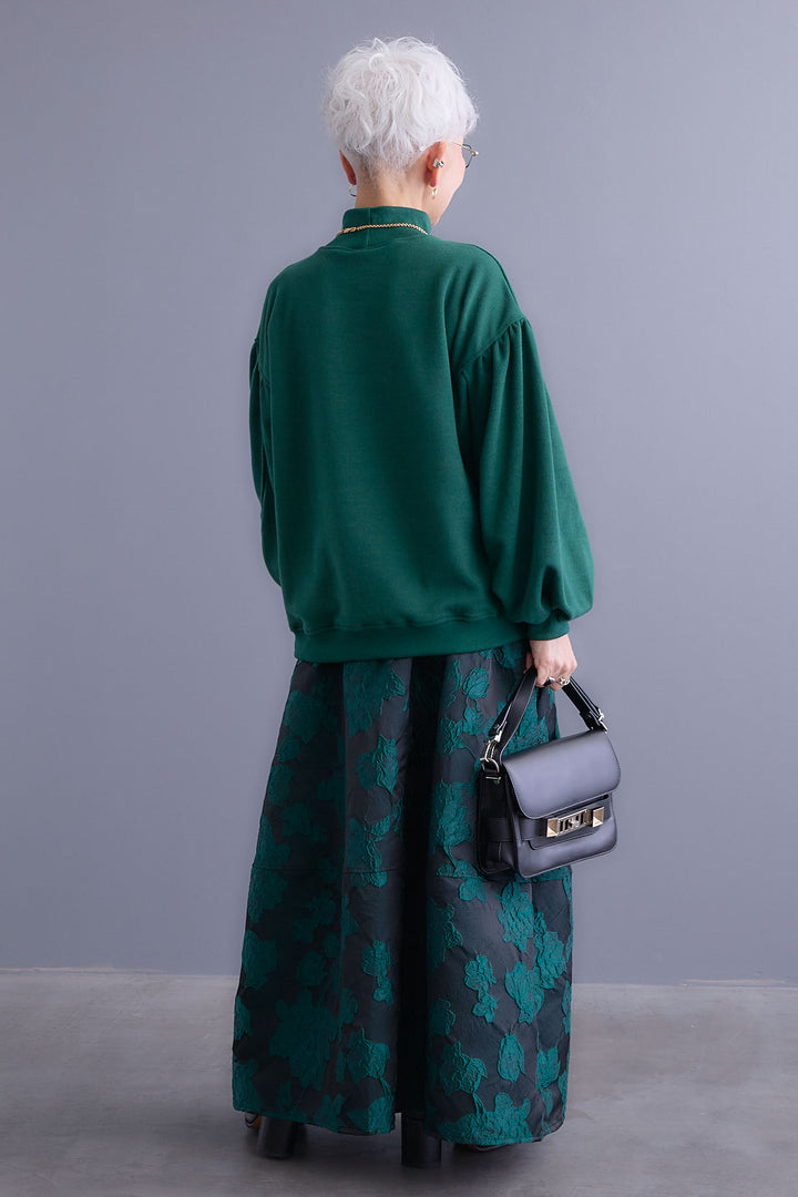 【SET】ボリュームスリーブモックネックプルオーバー+ジャガードフラワースカート(2set)