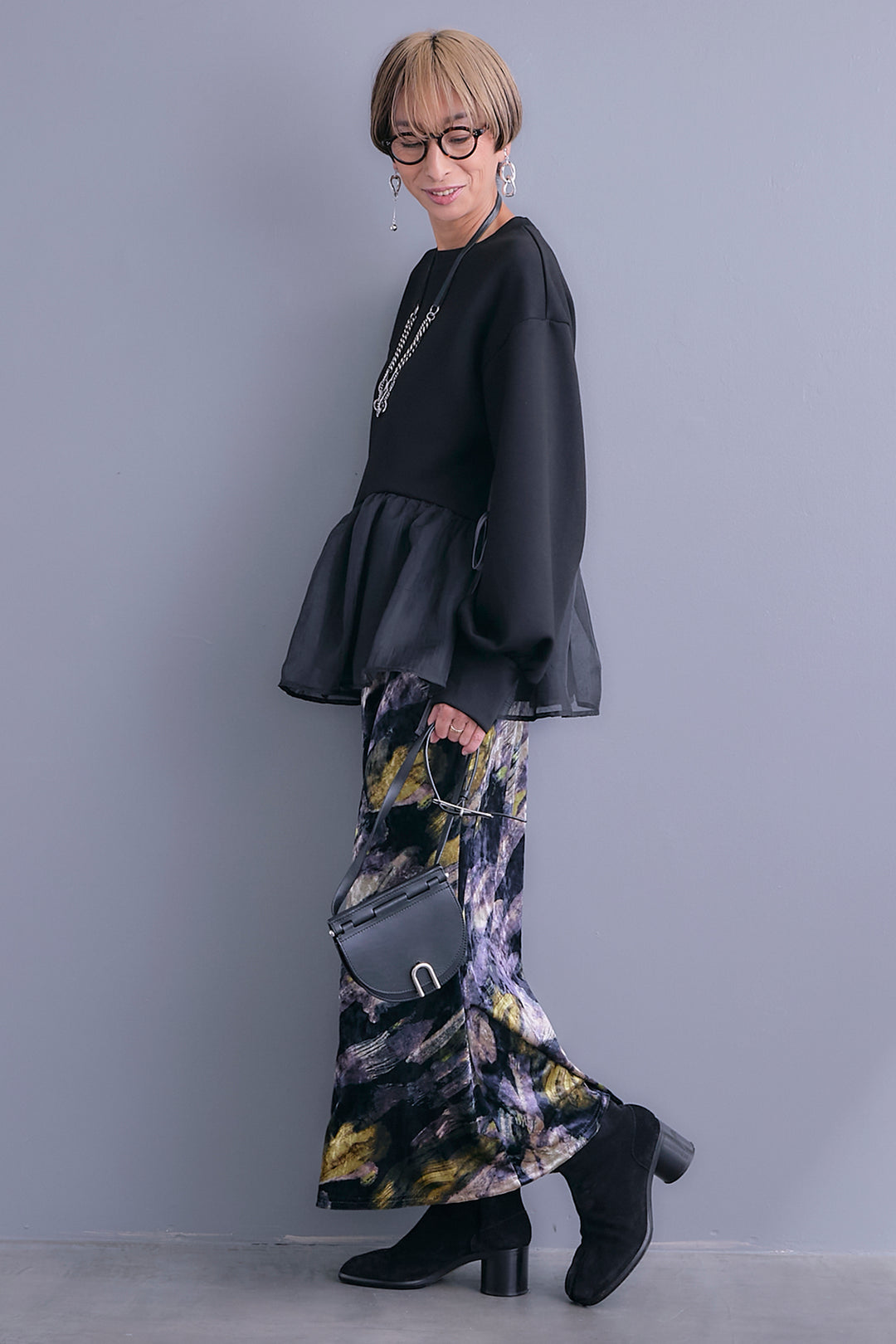 【SET】アシメペプラムオーガンジートップス+ベロアニュアンスアートスカート(2set)