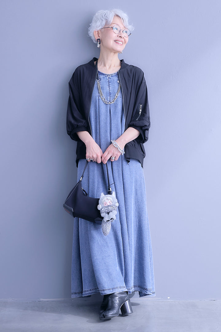【SET】バルーンハーフスリーブMA-1ジャケット+パウダーシルクヴィンテージデニムワンピース(2set)